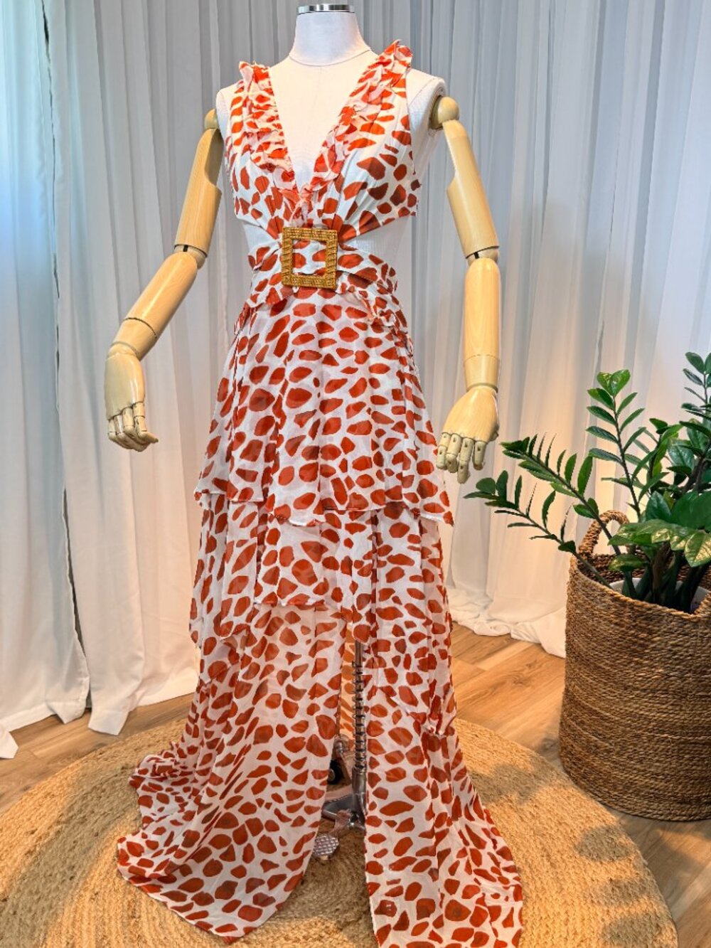 Luxxel Rust Orange Printed Maxi Dress with Ruffled Tiers